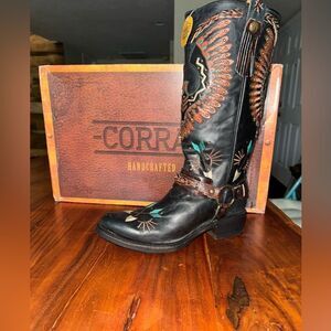Corral Women’s Black Leather Eagle Overlay Harness Biker Western Boots NIB